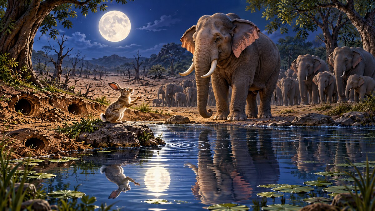 Moonlit Panchatantra scene of a small hare addressing an elephant king beside the Moon's reflection in a forest lake