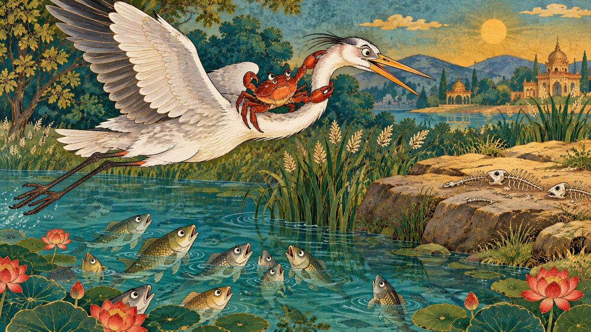 Indian storybook illustration of an old heron carrying a vigilant crab above a pond, with a sunlit rock and fish bones revealing the deception