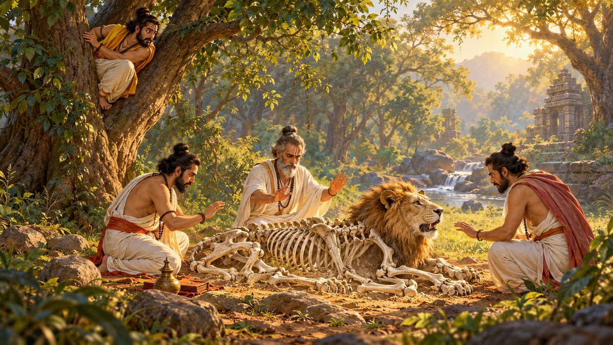 Traditional Panchatantra scene of three learned men reconstructing a lion while a practical fourth friend climbs a tree for safety