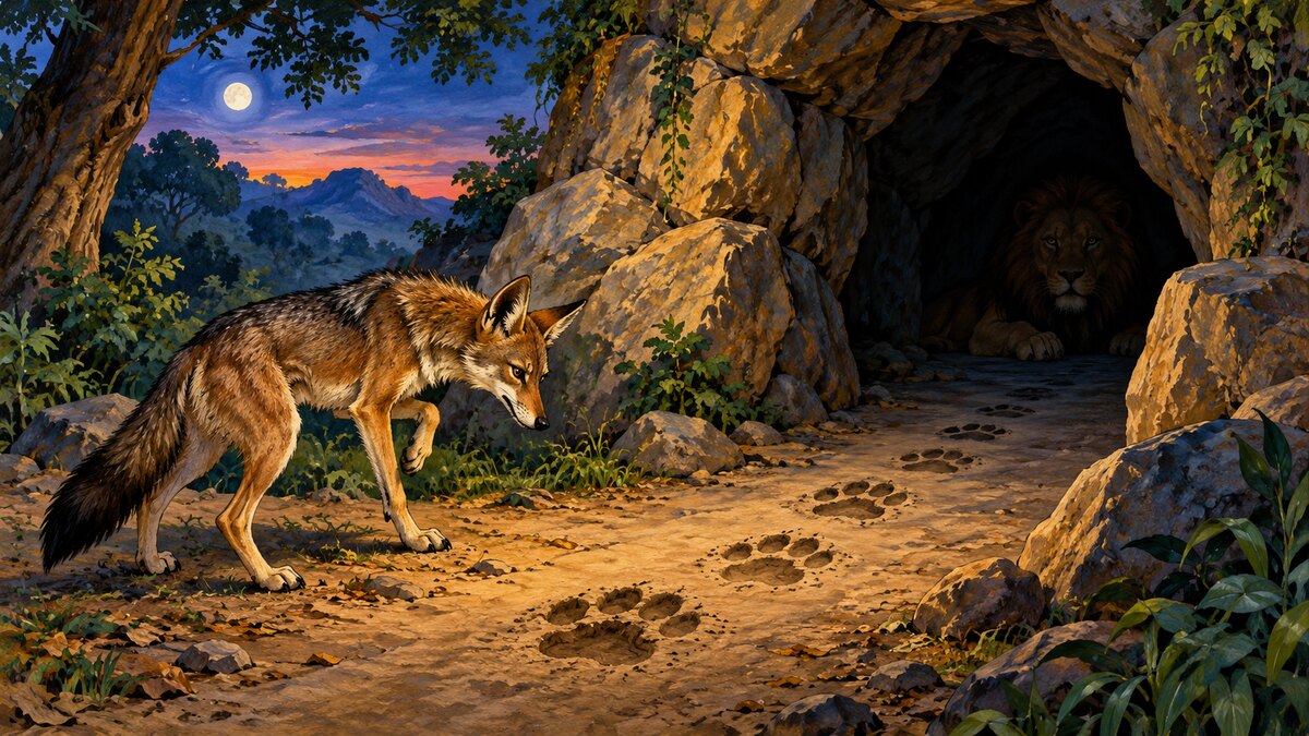 A cautious jackal studies lion pawprints outside a cave while a lion waits in shadow