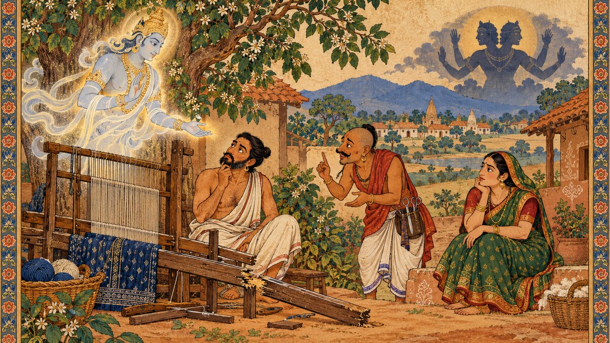Indian storybook illustration of weaver Mantharaka beside his loom consulting a friend and wife as a tree spirit offers a boon
