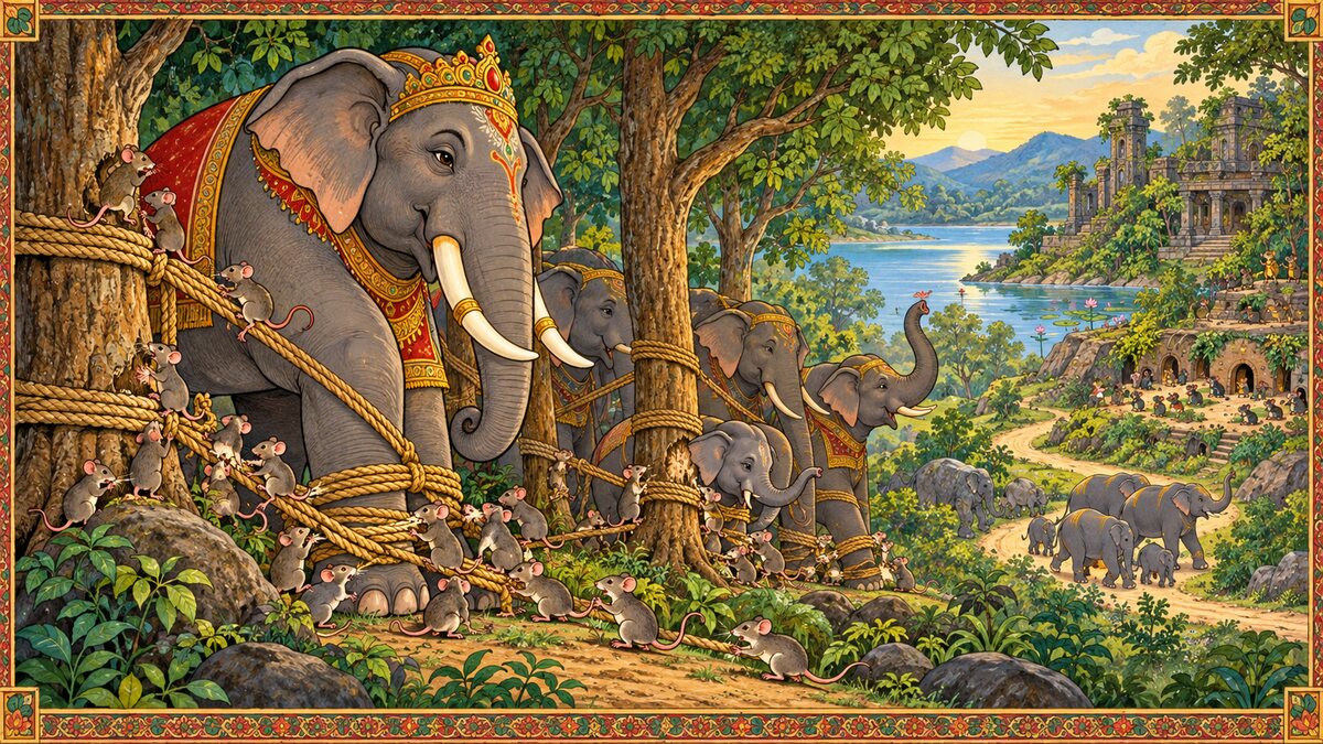 Indian storybook illustration of many mice gnawing hunters’ ropes to free a trapped elephant herd near a forest lake