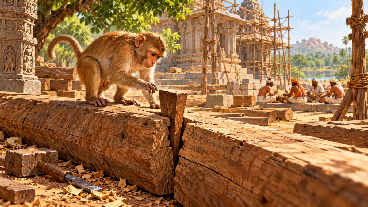 Storybook illustration of a curious monkey examining a wooden wedge in a split timber beam