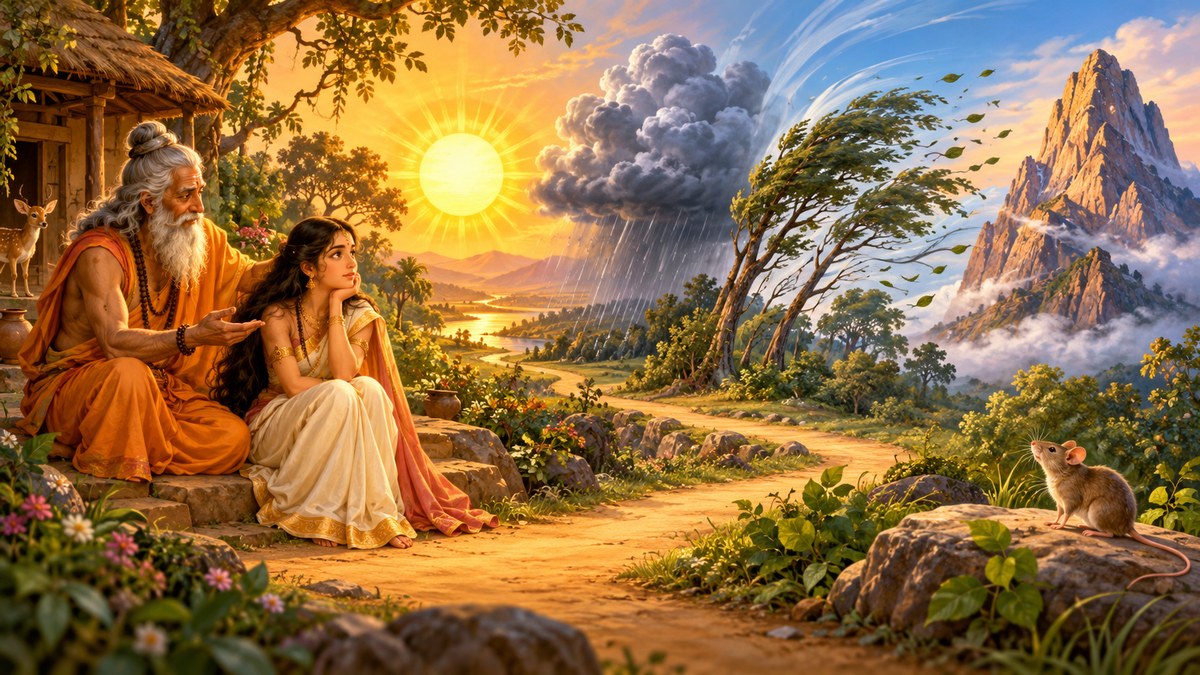 Panchatantra illustration of a sage and maiden considering the sun, cloud, wind, mountain and finally a mouse