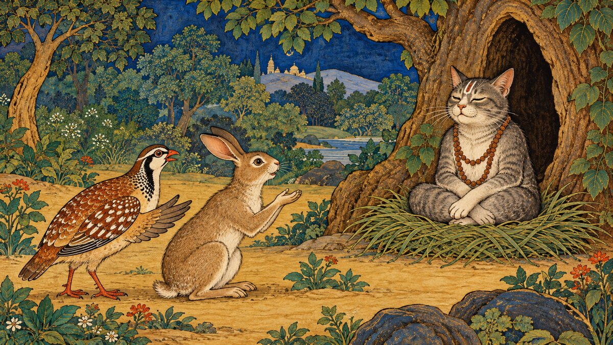 Storybook illustration of a partridge and hare arguing near a tree hollow while a deceptive cat poses as a pious judge on a riverbank