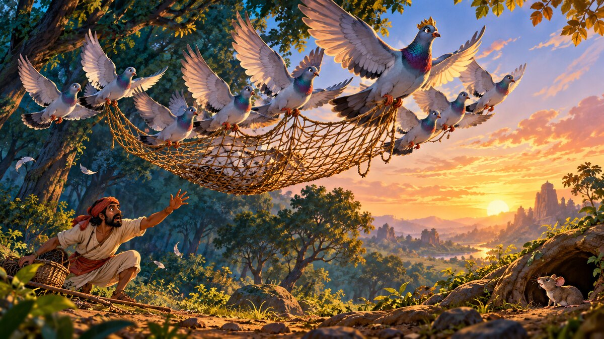 Traditional Panchatantra illustration of Chitragriva and a flock of pigeons lifting a hunter’s net together while a mouse waits near its burrow