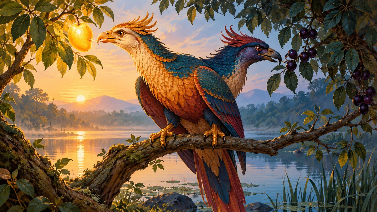 Panchatantra illustration of a two-headed Bharunda bird sharing one body beside a lake, one head facing nectar and the other a poisonous berry
