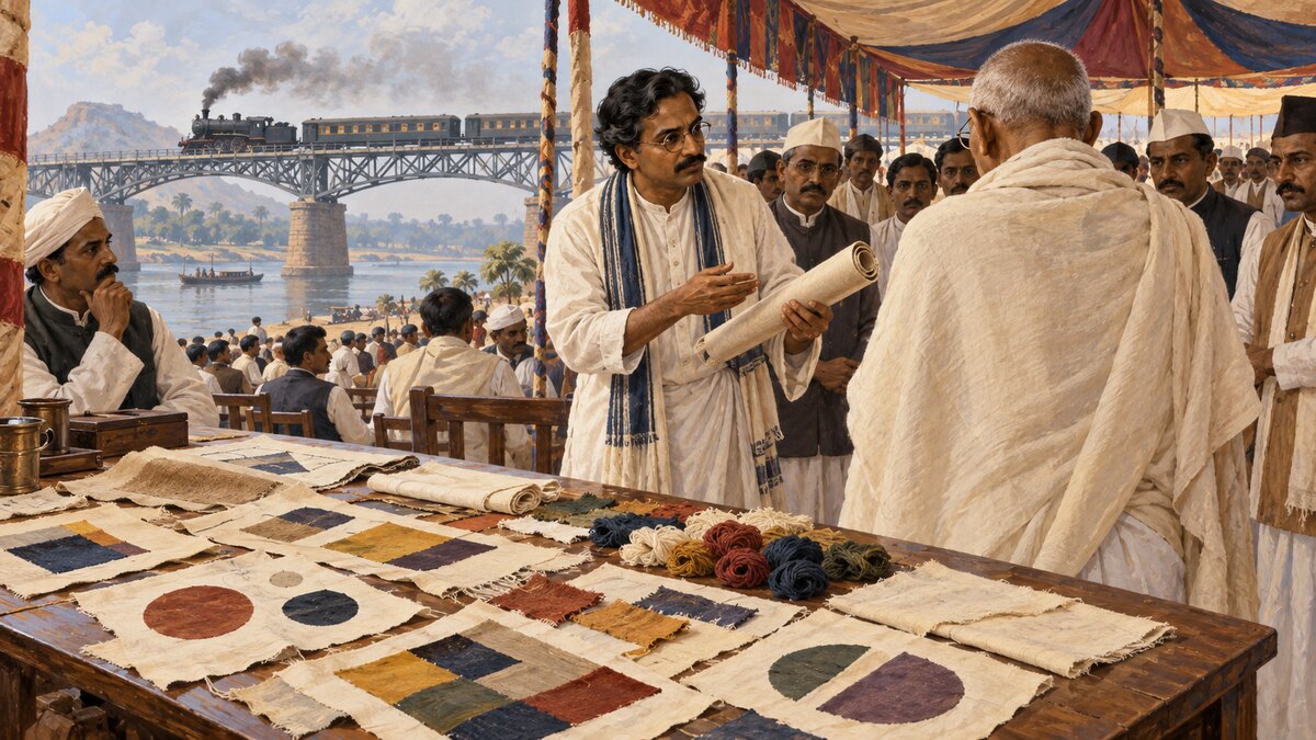 Historically inspired editorial scene of Pingali Venkayya presenting a rolled design at the 1921 Bezwada Congress, with fabric studies and the railway bridge in the background