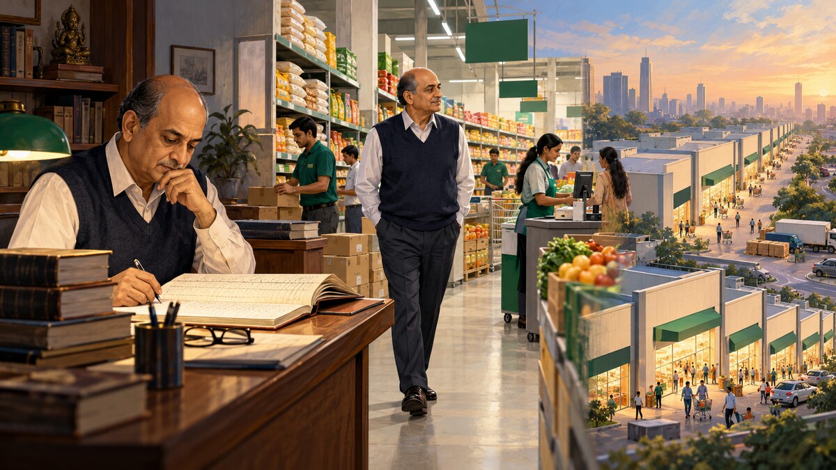Editorial illustration of a value investor moving from a ledger desk into disciplined grocery-retail operations and gradual store expansion