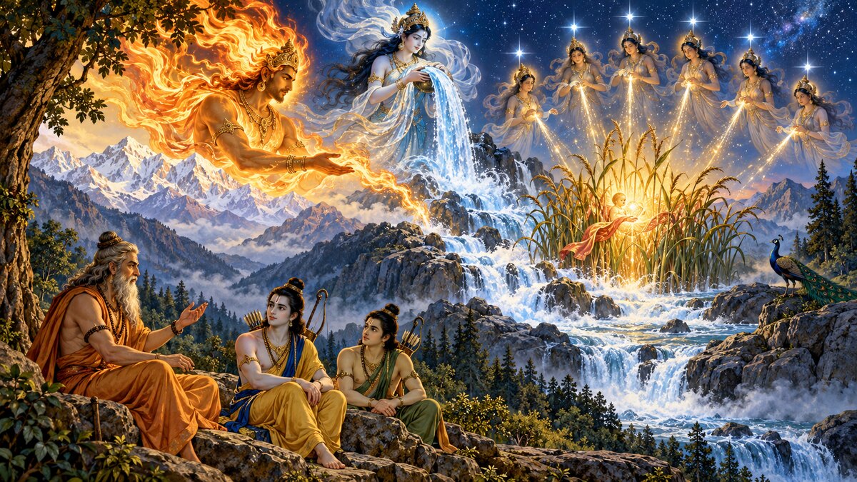 Epic illustration of Agni, Himalayan Ganga, glowing reeds, infant Skanda and six Krittika stars while Vishvamitra narrates to Rama and Lakshmana