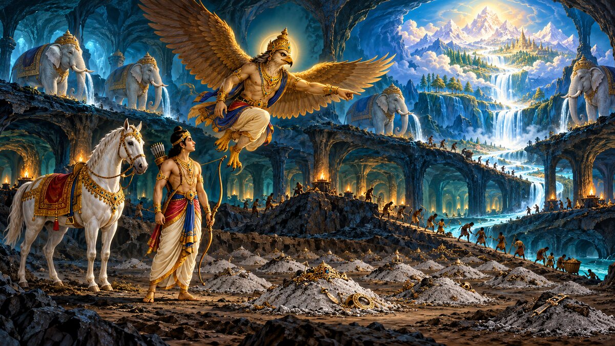 Classical epic illustration of Prince Anshuman beside the recovered sacrificial horse and ash mounds as Garuda descends and points toward the future Ganga