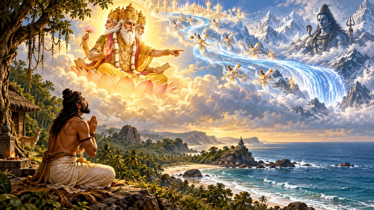 Classical epic illustration of Bhagiratha in penance as Brahma appears, with celestial Ganga above and Shiva’s distant silhouette indicating the next task
