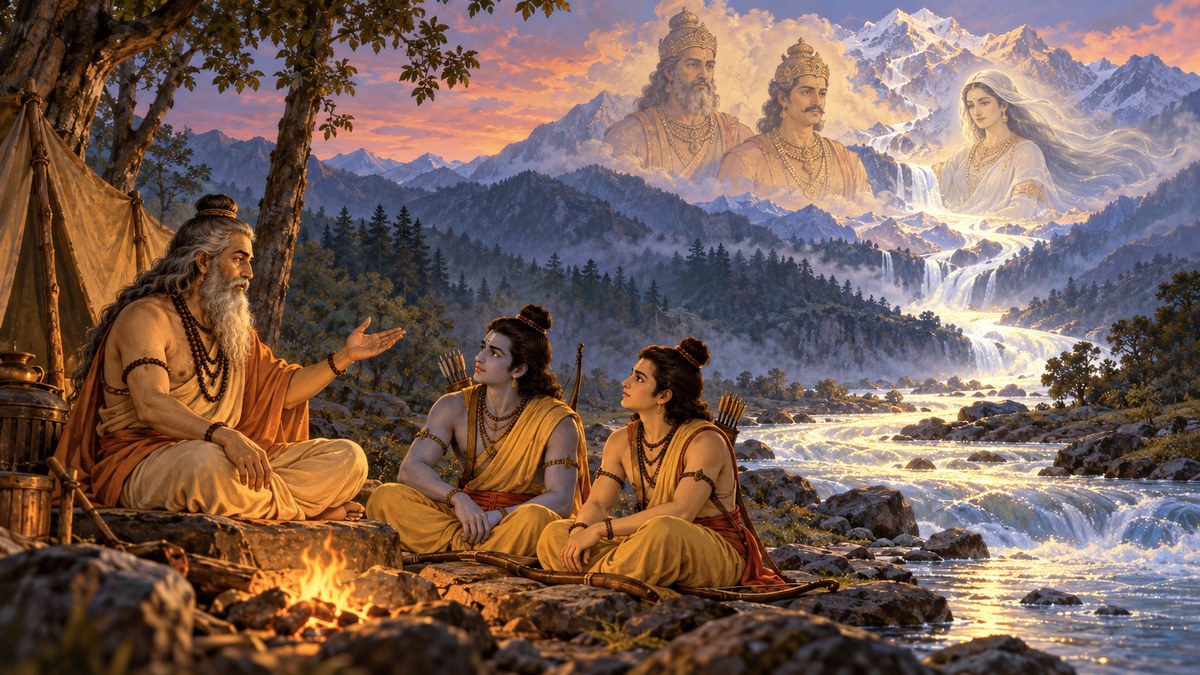 Vishvamitra narrating to Rama and Lakshmana beside the luminous Kaushiki river in Himalayan foothills