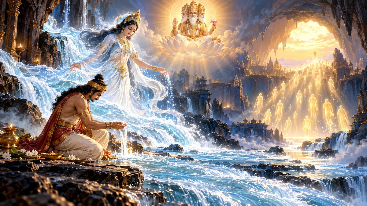 Epic illustration of Bhagiratha performing rites as the luminous Ganga reaches Sagara's sons and Brahma blesses the mission