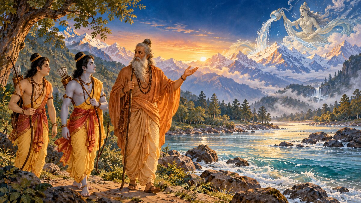 Epic illustration of Vishvamitra telling Rama and Lakshmana the origin of Ganga beside a Himalayan river, with snowy peaks and celestial light