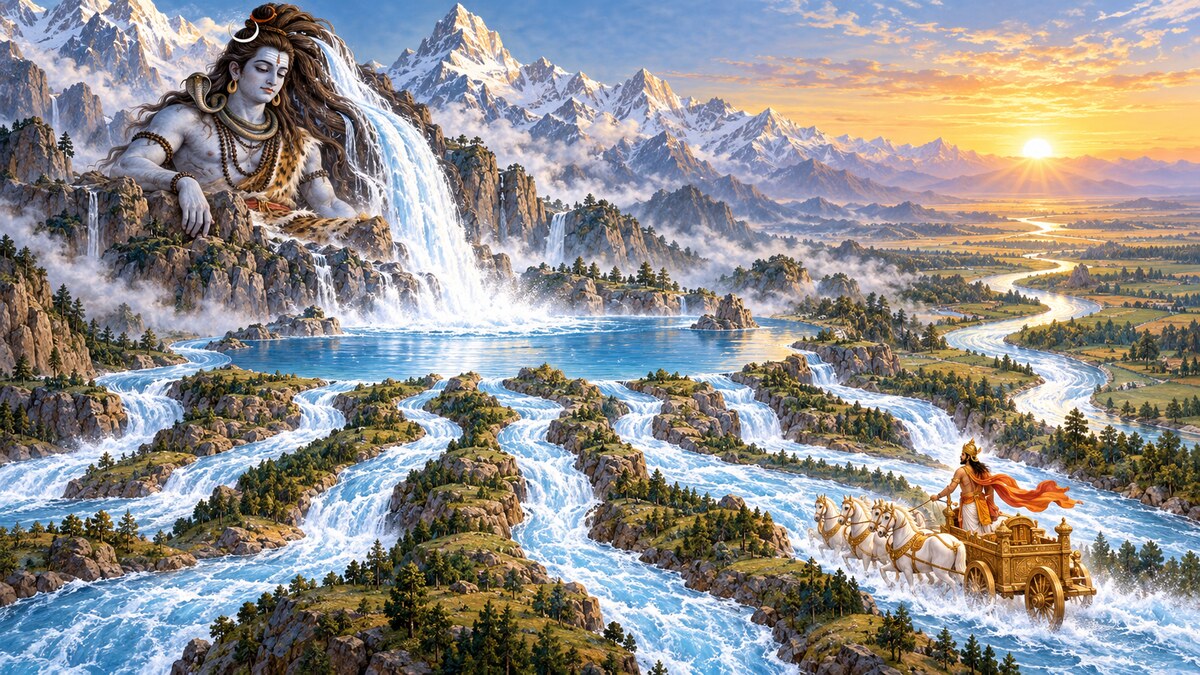 Epic illustration of Ganga dividing into seven streams while Bhagiratha guides one course