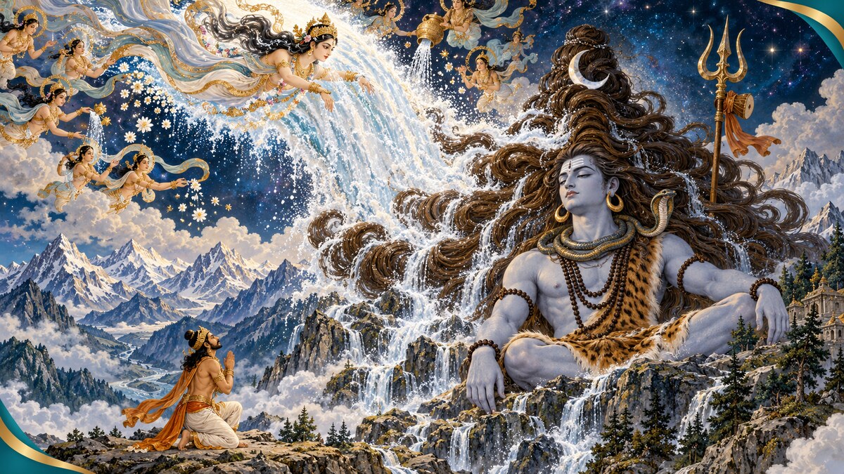 Celestial Ganga descending into Shiva's vast matted locks as Bhagiratha prays in the Himalayas