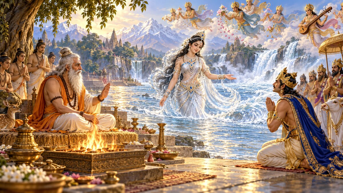 Epic illustration of sage Jahnu at a sacrificial ground as Ganga re-emerges and Bhagiratha petitions