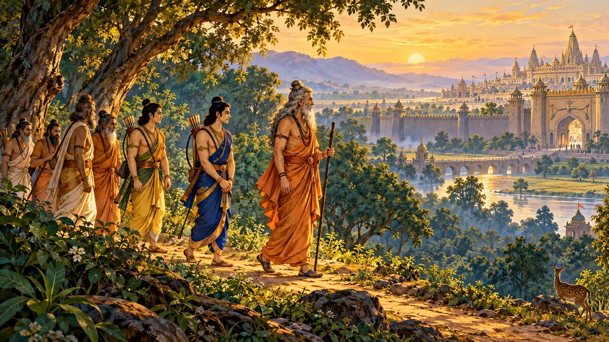 Epic editorial painting of Rama and Lakshmana following Vishwamitra and sages on the road toward distant Mithila