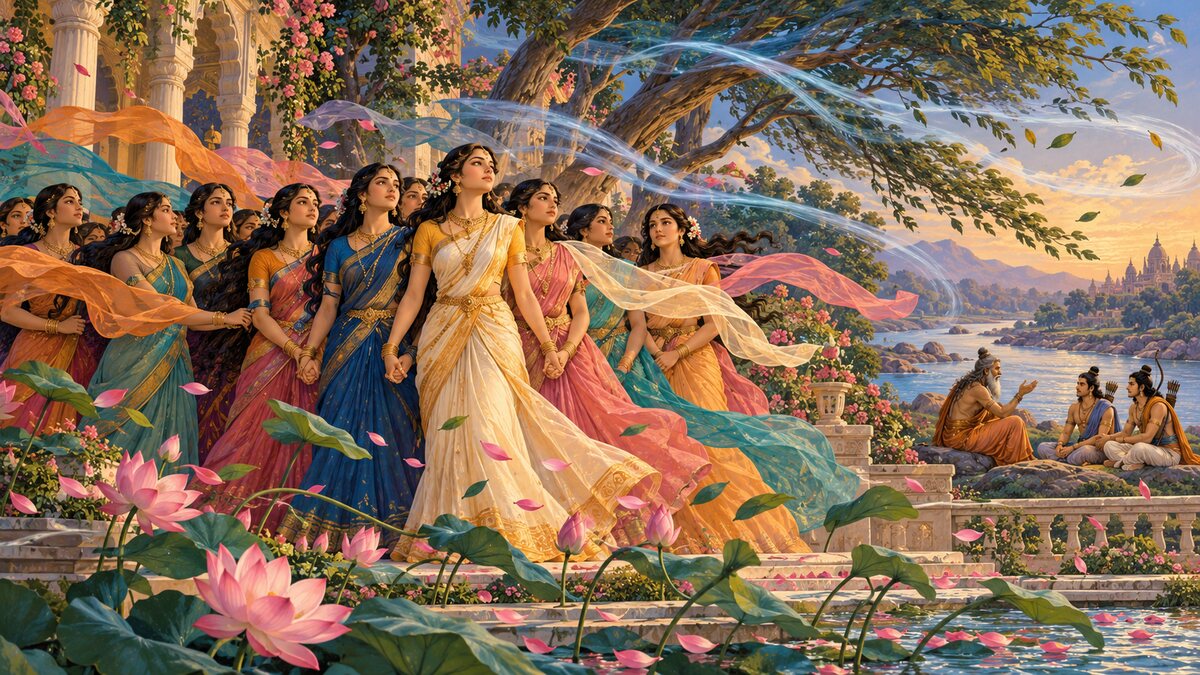 Epic illustration of Kushanabha’s daughters standing together in a windswept palace garden while Vishwamitra narrates beside the Sona river
