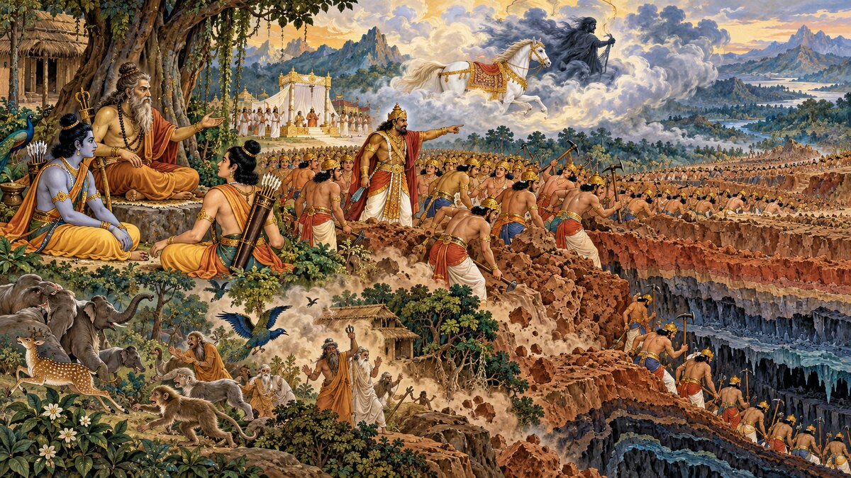 Classical illustration of Vishvamitra narrating as Sagara’s sacrificial horse disappears and the princes begin a destructive search