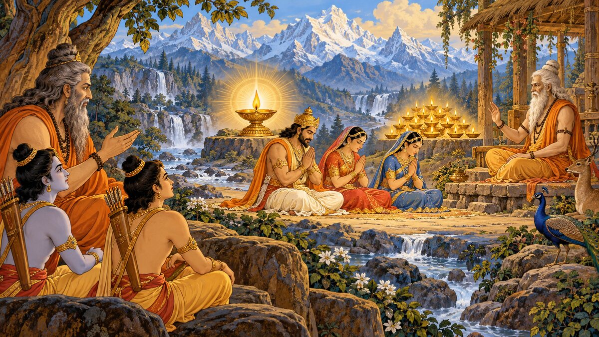 Epic illustration of King Sagara and his queens performing penance before sage Bhrigu as Vishvamitra narrates to Rama and Lakshmana