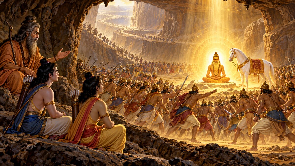 Classical illustration of Sagara’s sons finding the sacrificial horse beside meditating Kapila as Vishvamitra narrates to Rama