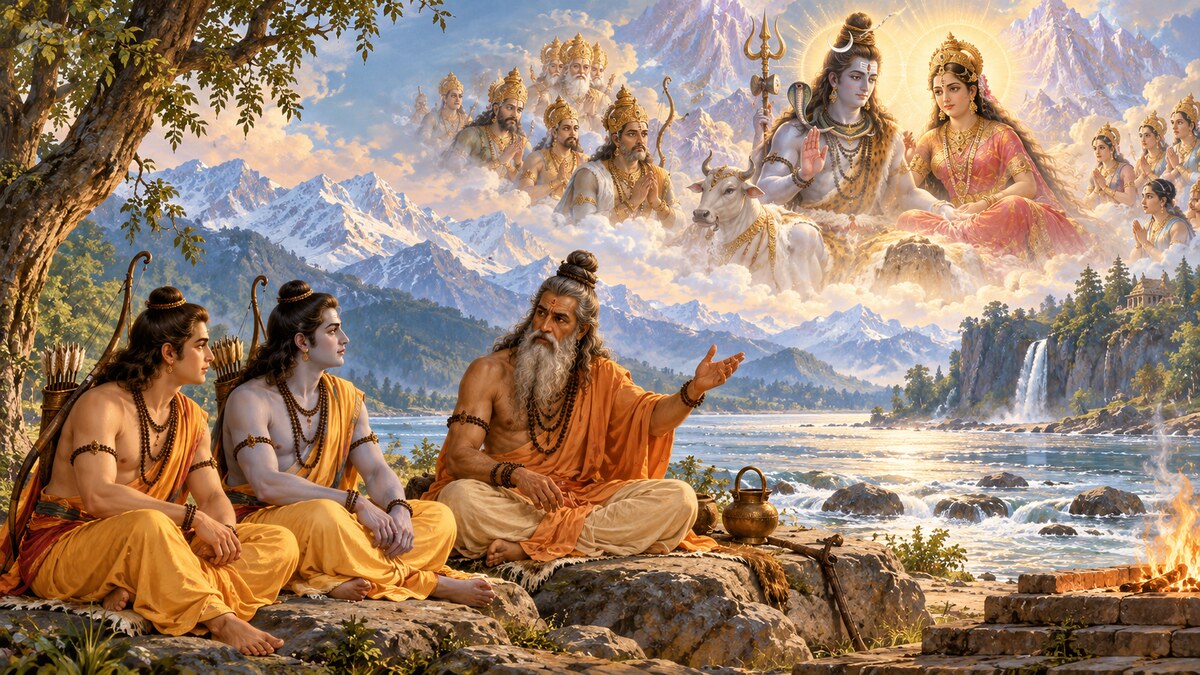Ramayana illustration of Vishvamitra narrating to Rama and Lakshmana beside the Ganga, with a celestial vision of Shiva, Uma and the assembled gods