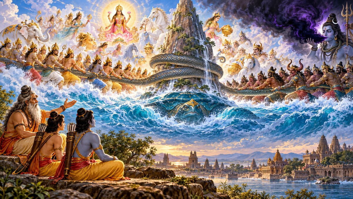Epic vision of Vishvamitra narrating the churning of the ocean to Rama and Lakshmana near ancient Vishala