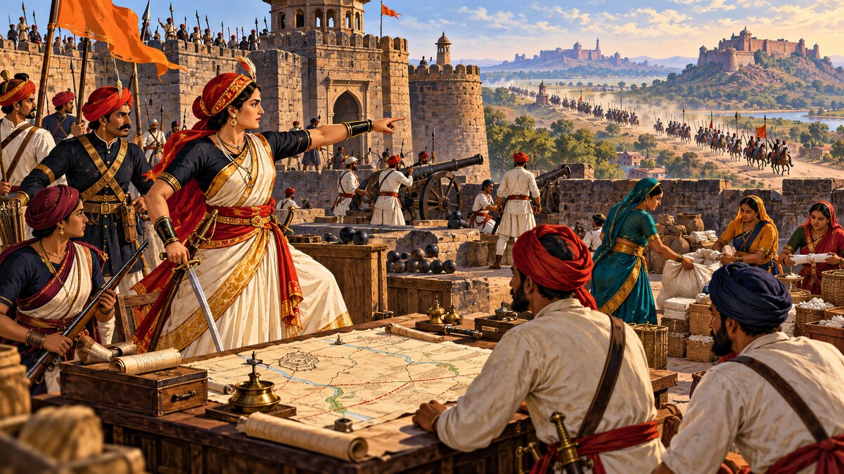 Historical narrative illustration of Rani Lakshmibai planning the defence of Jhansi fort with maps, women and men defenders, cannons and distant colonial troops