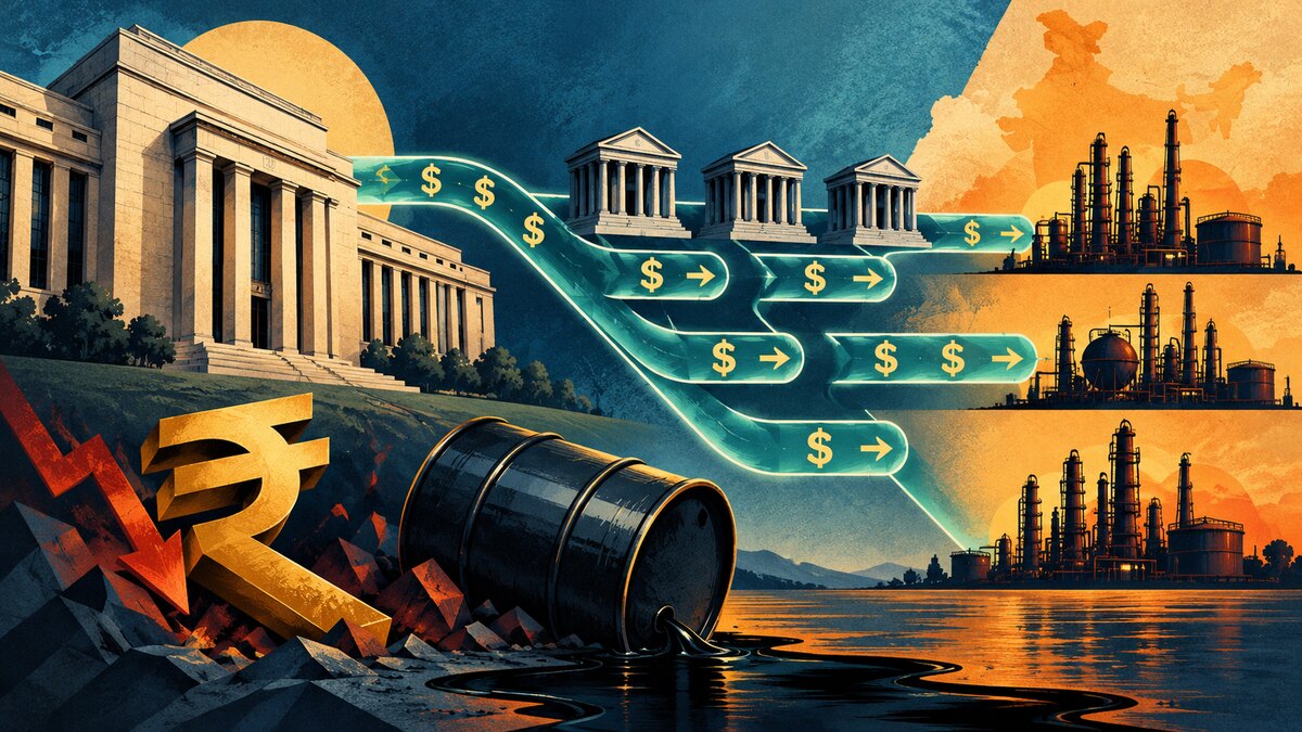 Editorial illustration of central-bank dollar liquidity reaching public oil refiners while supporting an orderly rupee market