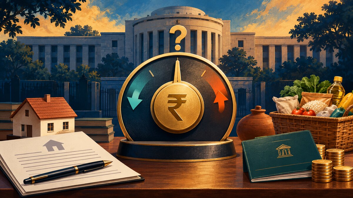 RBI building, neutral interest-rate dial, rupee symbol, home-loan papers and household price basket in an editorial illustration