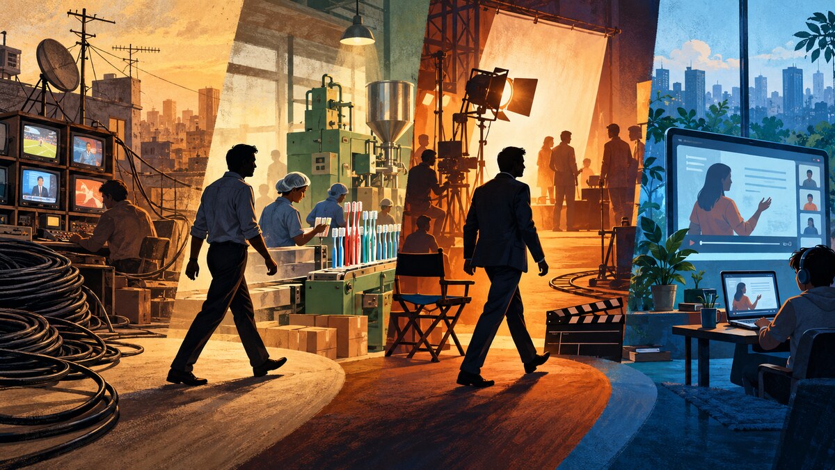 Editorial timeline showing cable television, a toothbrush factory, a film studio and an online learning platform in Ronnie Screwvala’s entrepreneurial journey