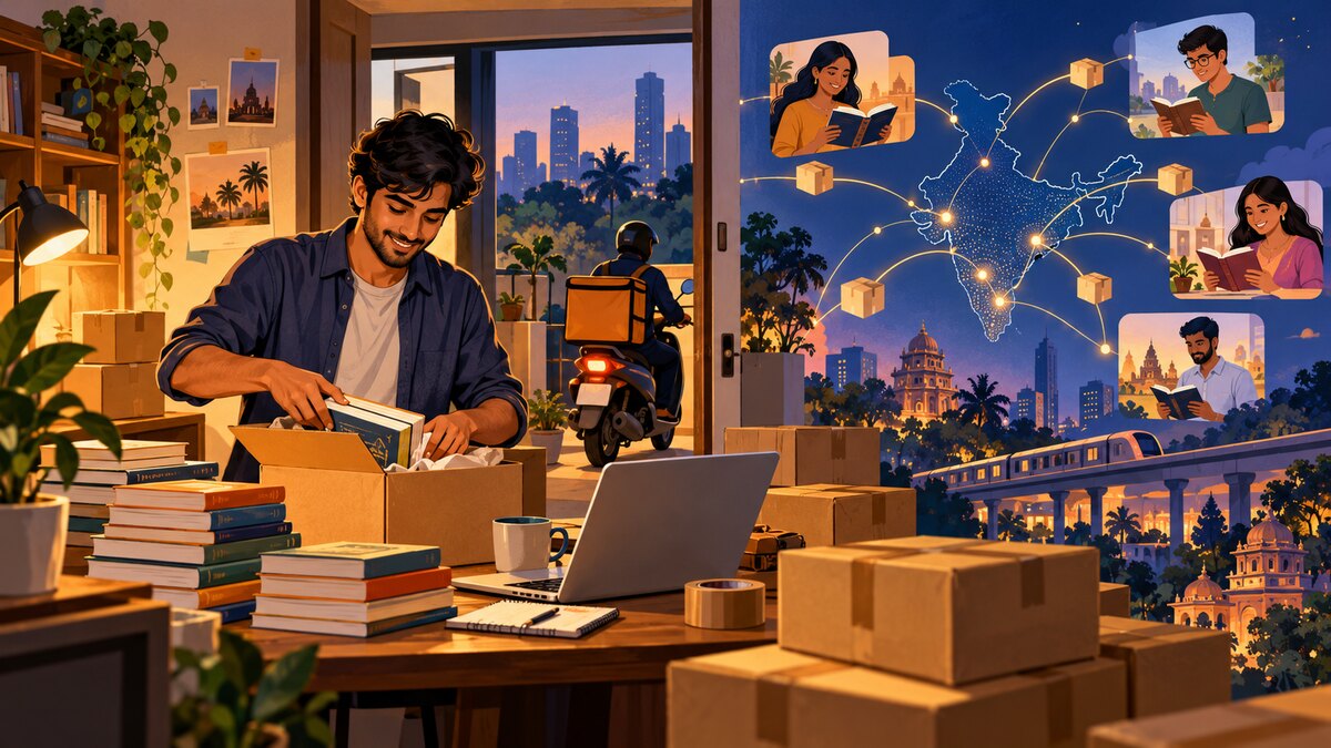 Editorial illustration of an early Indian e-commerce founder packing books beside a laptop and delivery boxes