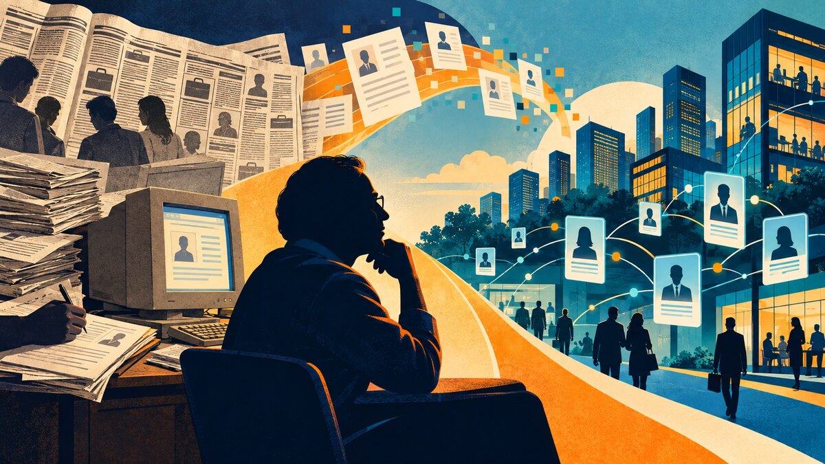 Editorial illustration of newspaper job classifieds evolving into a digital recruitment marketplace