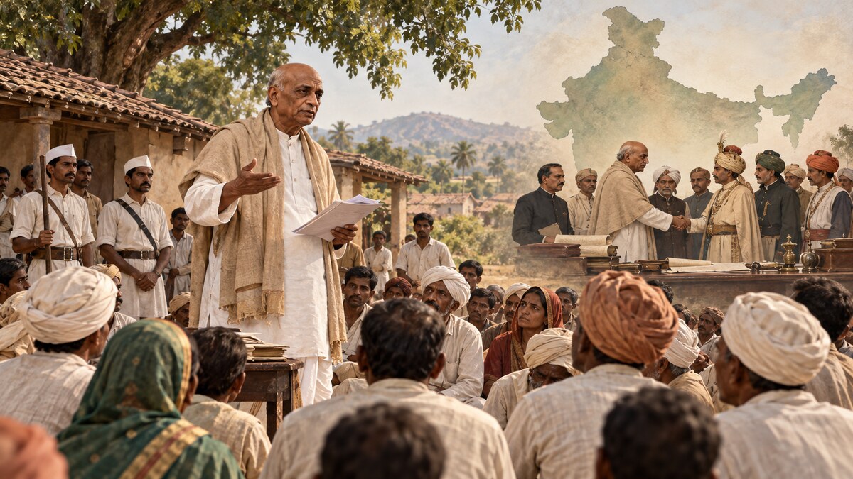 Historical editorial scene of Sardar Patel addressing Bardoli farmers with a national-integration motif in the background