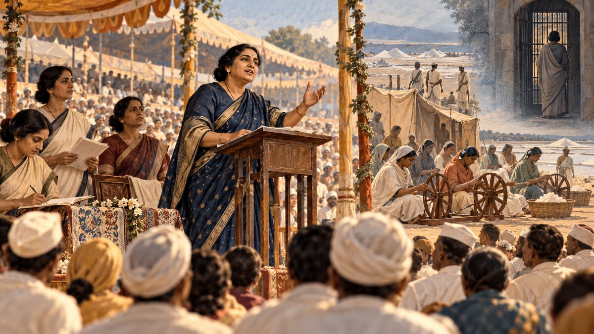 Historically inspired illustration of Sarojini Naidu addressing a 1925 Congress gathering, women organisers nearby and a Dharasana salt-camp vignette
