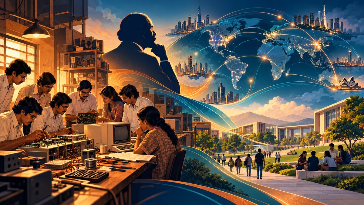 Editorial illustration of a 1970s Indian electronics team evolving into a global technology network and education campus