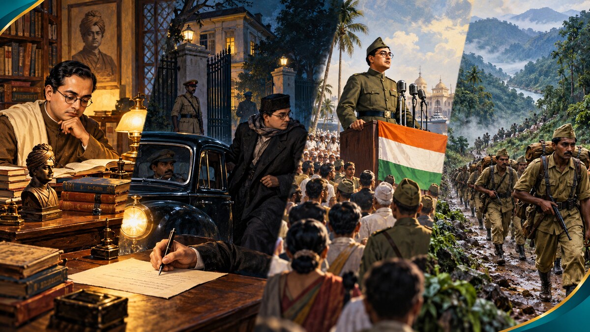 Subhas Chandra Bose studying, escaping house arrest, proclaiming Azad Hind and leading INA soldiers