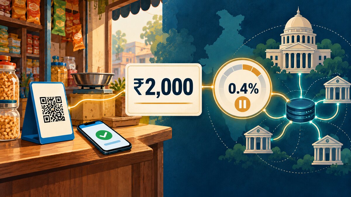 Editorial illustration of a UPI QR counter, a ₹2,000 transaction threshold, a paused 0.4% merchant fee dial and a connected payment network