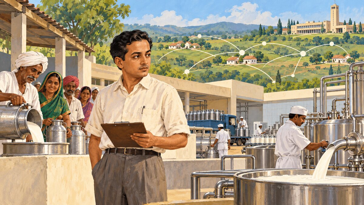 Editorial illustration of a dairy engineer, village milk producers and a farmer-owned cooperative network growing from Anand to a national milk grid