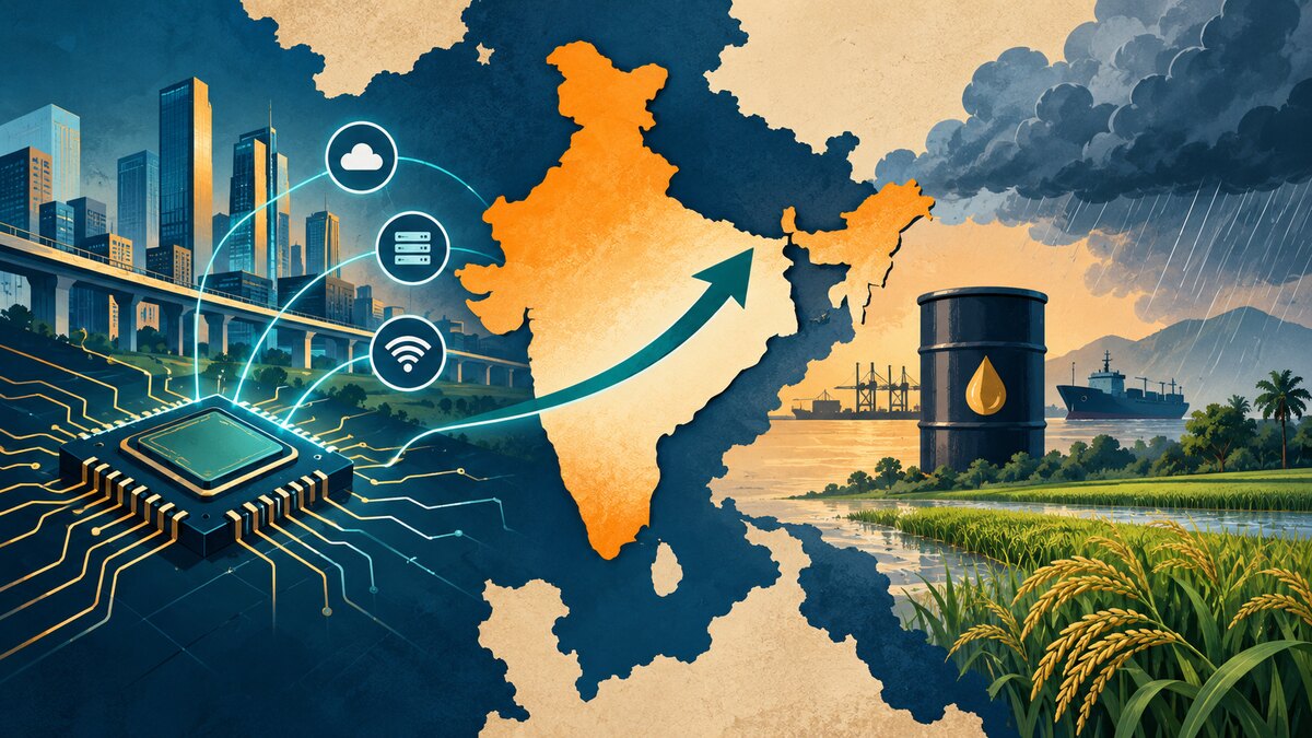 Editorial illustration of India growth, AI infrastructure, energy imports, farms and storm clouds in a balanced economic landscape