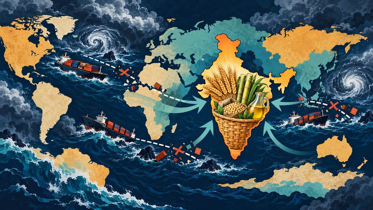 Editorial map of disrupted global grain, sugar and edible-oil supply routes converging toward India